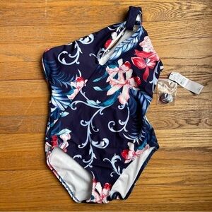 Carmen Marc Valvo Navy Floral One-Piece Swimsuit